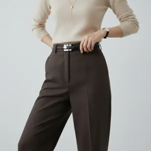 Women vintage thin leather belt paired with high-waist casual trousers stylish fashion outfit.