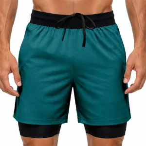 Men 2-in-1 sports fitness shorts with breathable quick-dry fabric and secure compression inner lining.
