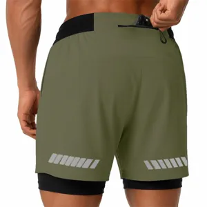 Men's 2-in-1 running shorts with zippered back pocket, quick-dry athletic workout fitness.