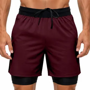 Detailed view of men's 2-in-1 athletic running shorts with elastic drawstring waistband.