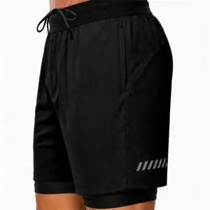 Men's running sports shorts summer quick dry double layer fitness training gym shorts black.