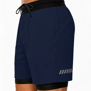 Detailed view of men's navy blue 2-in-1 athletic shorts featuring elastic waistband.