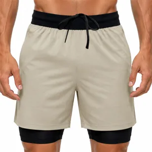 Men's 2-in-1 sports fitness shorts with elastic drawstring waistband and breathable quick-dry lining.