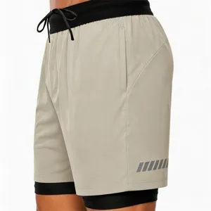 Close-up of men's athletic running shorts detail, breathable quick-dry double-layer fabric.