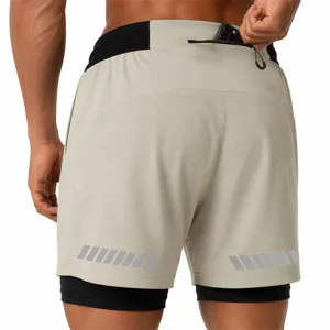 Men dual layer running shorts quick dry athletic gym fitness training shorts with zip pocket