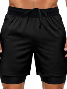 Men's sports running shorts quick dry double layer fitness athletic workout shorts with elastic waist.