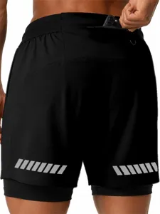 Men's two-layer running sports shorts with quick-dry fabric, elastic waist and back pocket.