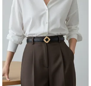 Women's genuine leather belt with stylish gold geometric buckle versatile jeans waist belt