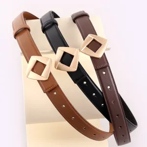 Women's genuine leather belt with stylish square metal buckle, versatile casual dress waist belt.