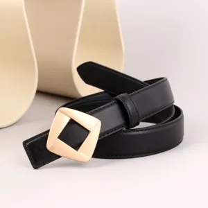 Black leather belt for women with modern gold geometric square buckle detail accessory