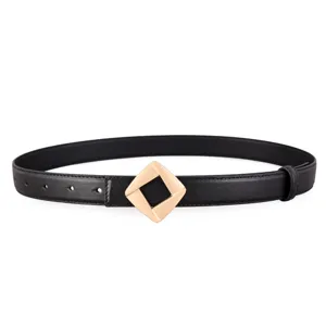 Womens black leather belt featuring a stylish gold geometric buckle for jeans and dresses.