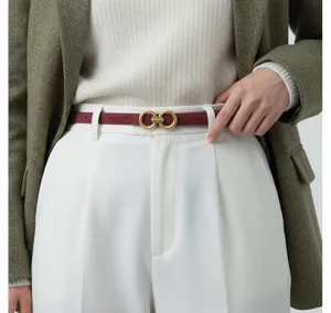 Burgundy leather belt for women, slim design with gold double ring buckle, elegant and stylish.