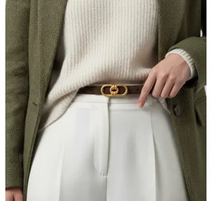 Stylish women's brown genuine leather thin belt with elegant gold buckle for suit and dress