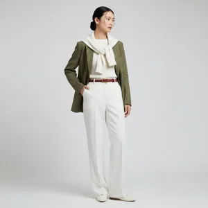 Details of the women's suede leather belt worn with professional commuter outfit look.