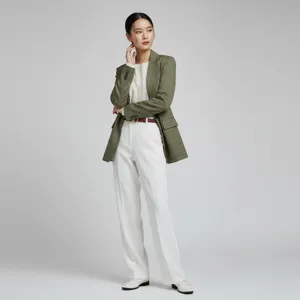 Detailed view of women's genuine leather belt styled with retro green blazer and white suit pants.