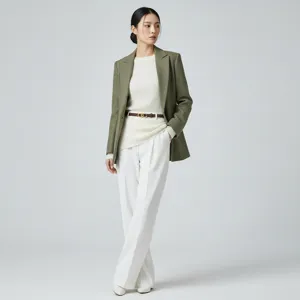Stylish thin leather belt detail worn with blazer and trousers, elegant accessory for women.