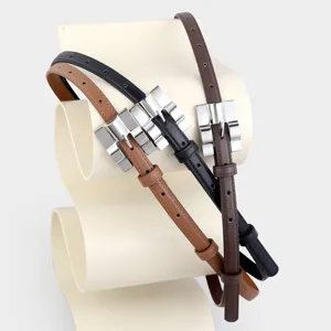 Women thin leather belt detail view, elegant metal pin buckle for casual pants and jeans.