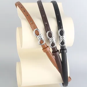 Stylish womens thin leather belt set with elegant silver knot buckle versatile accessory.