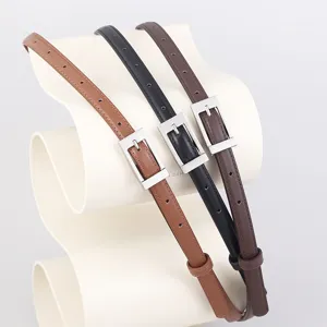 Elegant women thin leather belt with silver rectangular buckle stylish casual dress belt