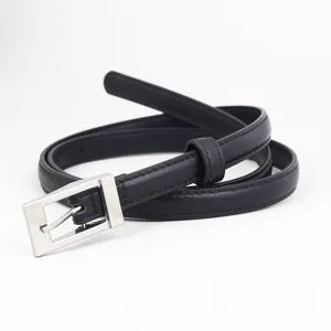Women's minimalist black leather belt with elegant silver square buckle for stylish daily wear.