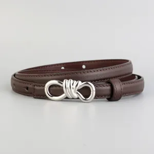 Detailed close-up of a brown genuine leather women belt featuring a sleek silver knot buckle.