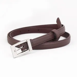 Close-up of women's dark brown slim leather belt with silver square buckle detail.