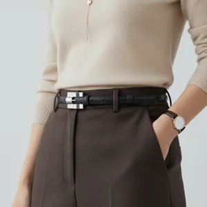 Women Retro Genuine Leather Belt Minimalist Casual Jeans Pants Thin Waistband With Metal Pin Buckle Fashion Accessory