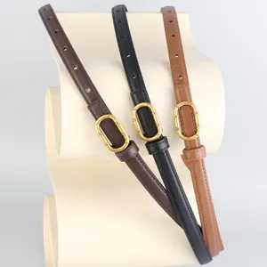 Vue détail de ceinture fine pour femme, boucle métallique rétro élégante, accessoire taille.