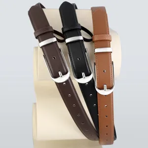 Retro women leather belt set, classic pin buckle, elegant vintage jeans strap accessory.