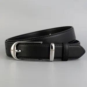 Classic black leather belt for women with silver metal buckle, versatile casual jeans waist