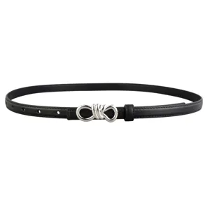 Women's genuine leather belt with stylish silver knot buckle, versatile fashion accessory for jeans.