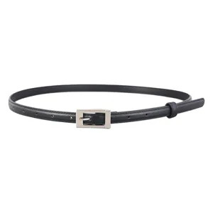 Women thin black leather belt with silver square buckle elegant minimalist waist strap