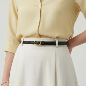 Ceinture en Cuir Véritable pour Femmes Rétro Minimaliste Boucle Métallique Fine Sangle de Taille pour Jean Robe Accessoires