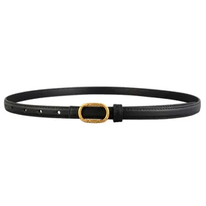 Ceinture fine en cuir noir pour femme avec boucle ovale dorée vintage accessoire élégant