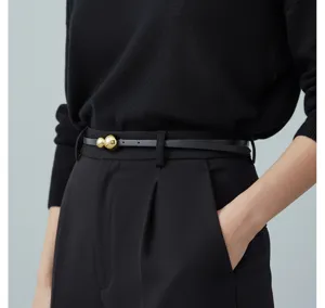 Women thin black leather belt with gold sphere buckle minimalist dress waist accessory