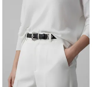 Y2K style black leather belt with antique silver metallic buckle for women aesthetic fashion