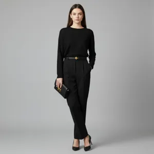 Detail shot of women's leather belt with gold buckle worn with suit pants and knitwear.