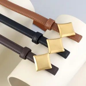 Women's thin leather belt with square gold buckle set, elegant trousers jean strap accessories