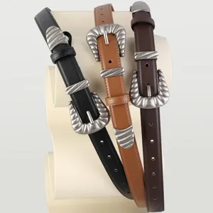 Womens western style decorative belt set with metal carved buckle for vintage y2k fashion outfits.