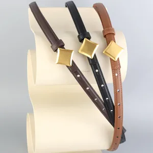Women thin leather belt with gold diamond buckle retro stylish trousers jeans strap accessory
