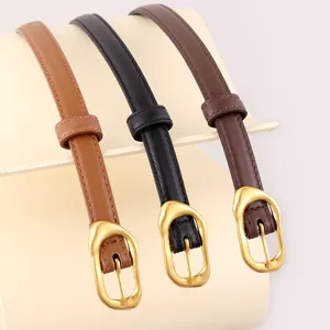 Women's genuine leather thin belt with metal pin buckle, minimalist stylish design for pants.