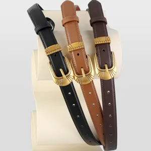 Dames echt lederen riem detailweergave, stijlvolle retro tailleband met metalen gesp voor jeans.