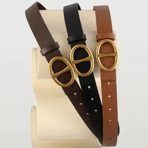 Minimalist women leather belt set with vintage oval metal buckle fashion jeans accessory