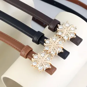 Women thin leather dress belt with elegant rhinestone flower metal buckle for jeans outfit