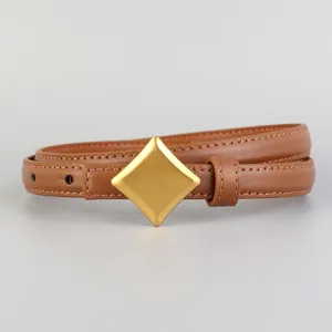 Women's brown thin leather belt with retro gold diamond buckle for jeans and trousers detail.
