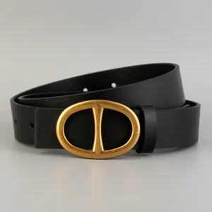 Classic black leather belt with retro gold oval buckle for women fashion denim pants daily wear
