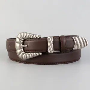 Vintage brown leather belt for women, western style with antique silver carved buckle details.