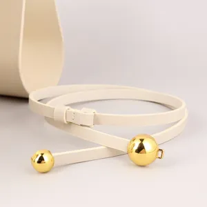 Elegant women thin leather belt with gold ball ends stylish dress waist accessory casual wear