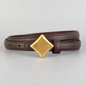 Women's brown leather belt with matte gold rhombus buckle, stylish accessory for trousers.