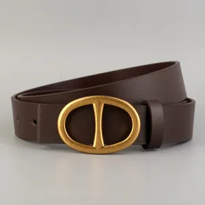 Brown leather belt with gold oval buckle, stylish fashion accessory for jeans daily wear.